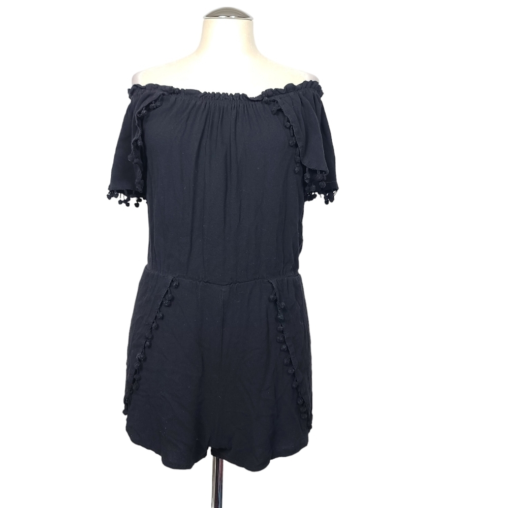 Flying Tomato Black Pom Pom Off Shoulder Romper S